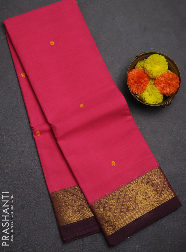 Chettinad cotton saree peach pink and deep wine with thread woven buttas and zari woven border