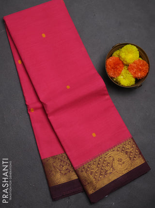 Chettinad cotton saree peach pink and deep wine with thread woven buttas and zari woven border