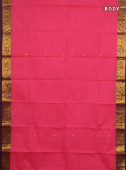 Chettinad cotton saree peach pink and deep wine with thread woven buttas and zari woven border
