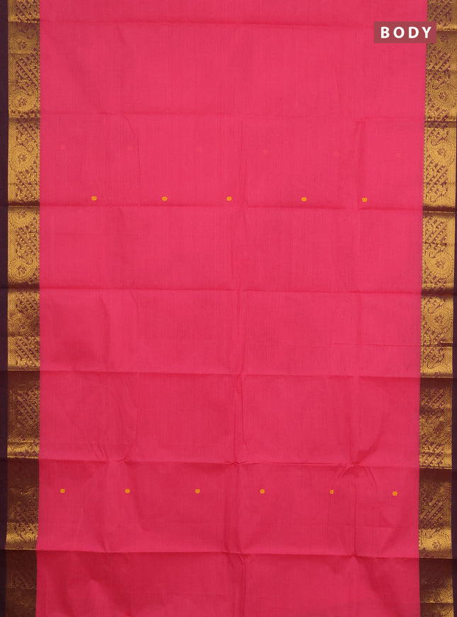 Chettinad cotton saree peach pink and deep wine with thread woven buttas and zari woven border