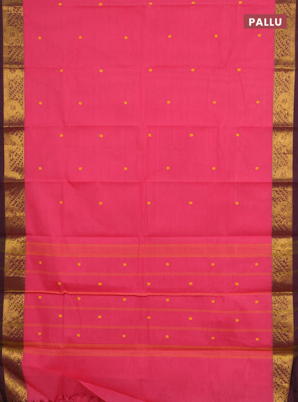 Chettinad cotton saree peach pink and deep wine with thread woven buttas and zari woven border