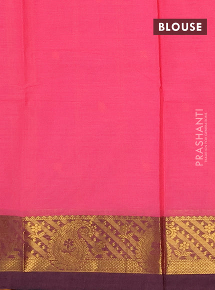 Chettinad cotton saree peach pink and deep wine with thread woven buttas and zari woven border