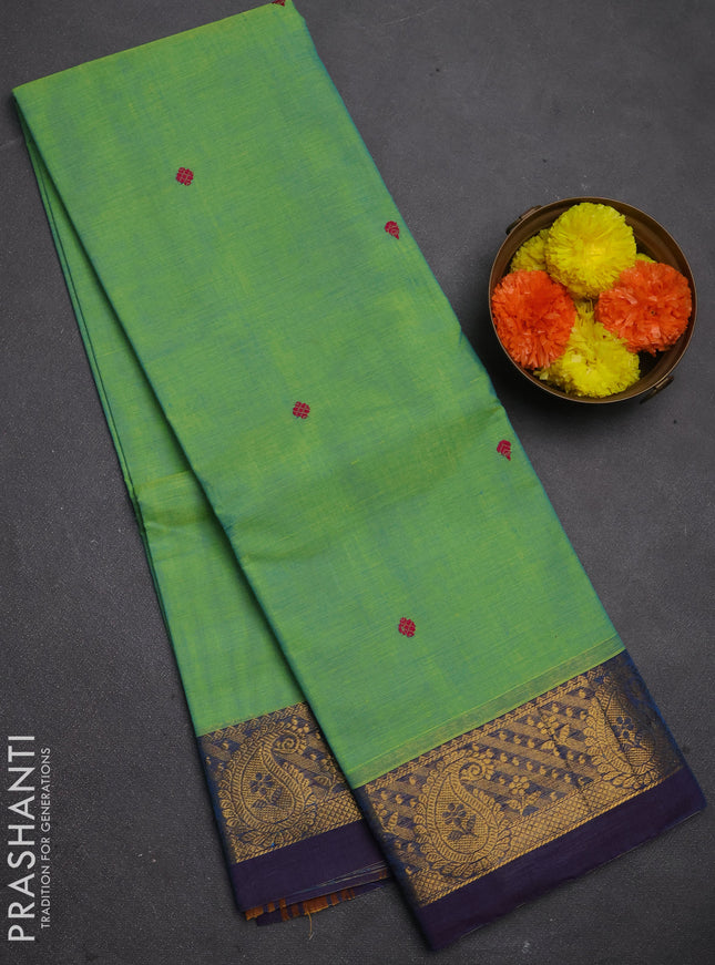 Chettinad cotton saree dual shade of teal green and blue with thread woven buttas and zari woven border