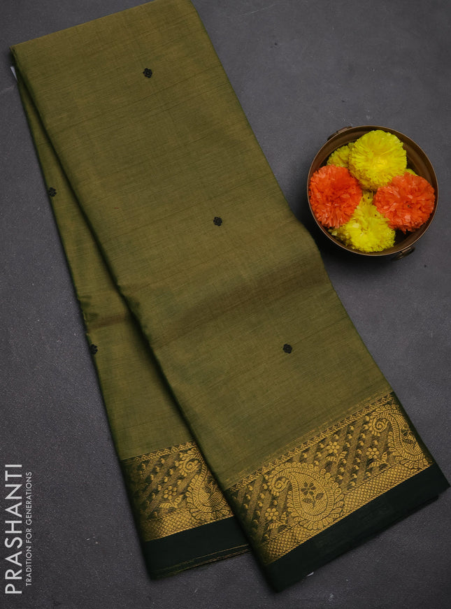 Chettinad cotton saree mehendi green and bottle green with thread woven buttas and zari woven border