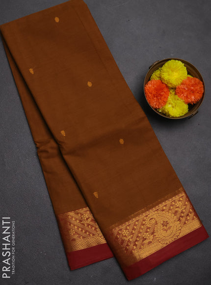 Chettinad cotton saree dark mustard and maroon with thread woven buttas and zari woven border