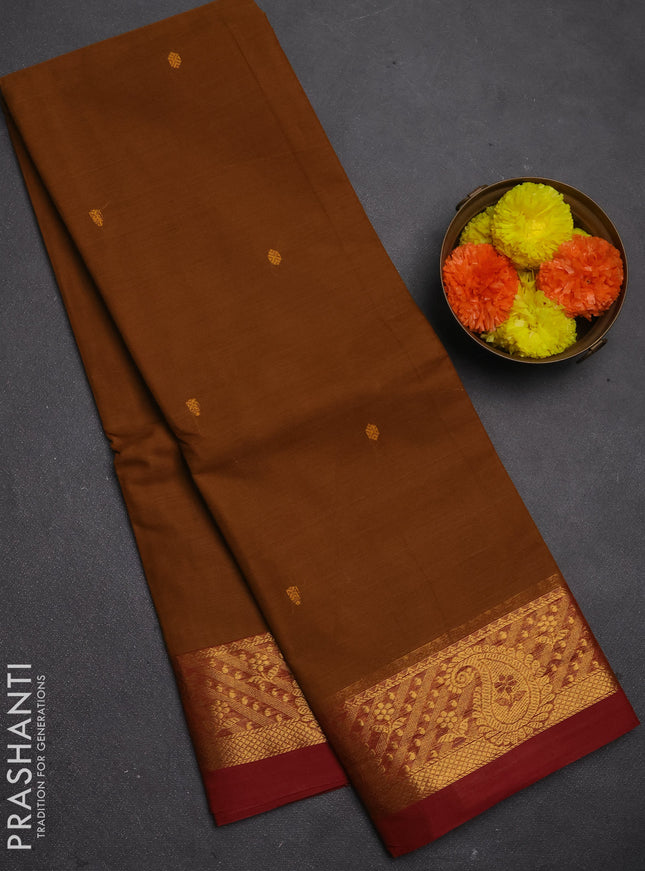Chettinad cotton saree dark mustard and maroon with thread woven buttas and zari woven border