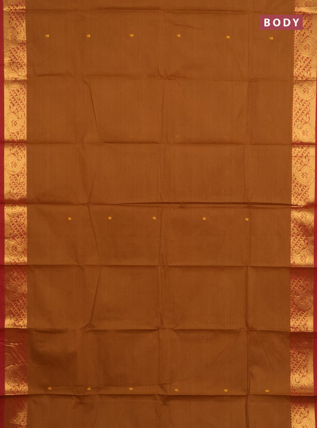 Chettinad cotton saree dark mustard and maroon with thread woven buttas and zari woven border