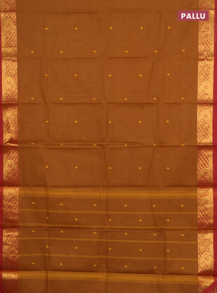Chettinad cotton saree dark mustard and maroon with thread woven buttas and zari woven border