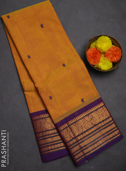 Chettinad cotton saree yellow and violet with thread woven buttas and zari woven border