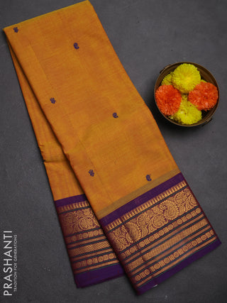 Chettinad cotton saree yellow and violet with thread woven buttas and zari woven border