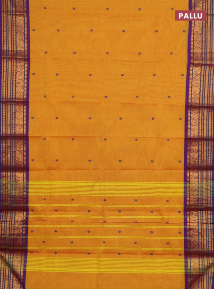 Chettinad cotton saree yellow and violet with thread woven buttas and zari woven border