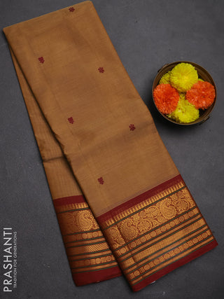Chettinad cotton saree sandal and maroon with thread woven buttas and zari woven border
