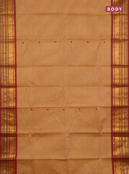 Chettinad cotton saree sandal and maroon with thread woven buttas and zari woven border