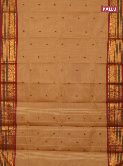 Chettinad cotton saree sandal and maroon with thread woven buttas and zari woven border
