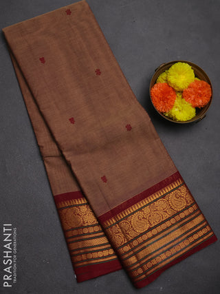 Chettinad cotton saree pastel brown and deep maroon with thread woven buttas and zari woven border