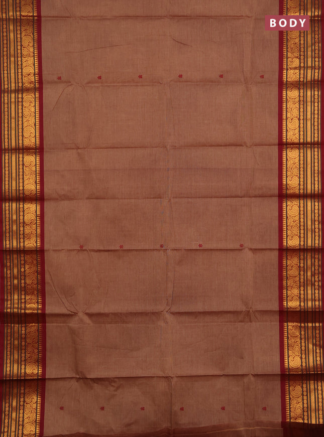 Chettinad cotton saree pastel brown and deep maroon with thread woven buttas and zari woven border