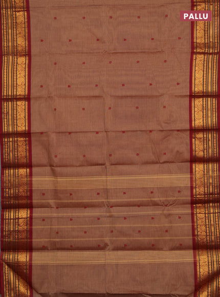 Chettinad cotton saree pastel brown and deep maroon with thread woven buttas and zari woven border