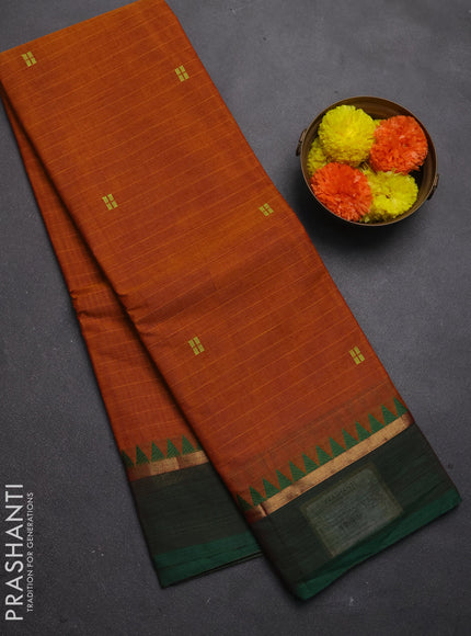 Chettinad cotton saree mustard yellow and green with allover stripe & thread woven buttas and zari woven simple border