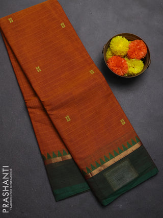 Chettinad cotton saree mustard yellow and green with allover stripe & thread woven buttas and zari woven simple border