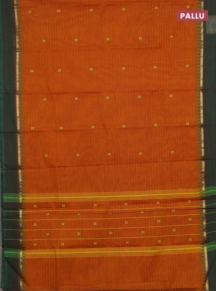 Chettinad cotton saree mustard yellow and green with allover stripe & thread woven buttas and zari woven simple border
