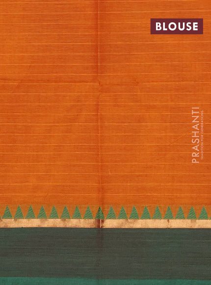 Chettinad cotton saree mustard yellow and green with allover stripe & thread woven buttas and zari woven simple border