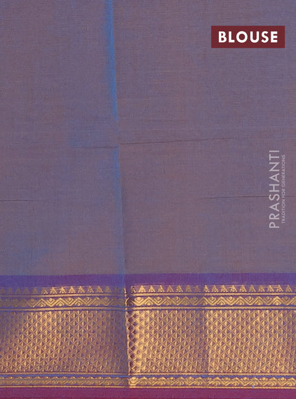 Chettinad cotton saree blue shade and maroon with plain body and zari woven border