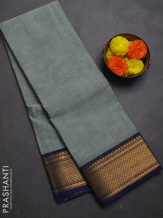 Chettinad cotton saree pastel green and blue with plain body and zari woven border