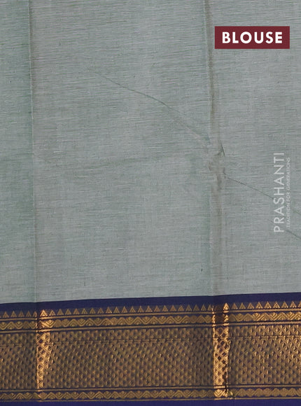 Chettinad cotton saree pastel green and blue with plain body and zari woven border
