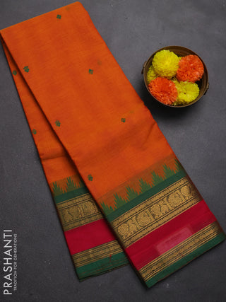 Chettinad cotton saree orange and green with thread woven buttas and rettapet zari woven border