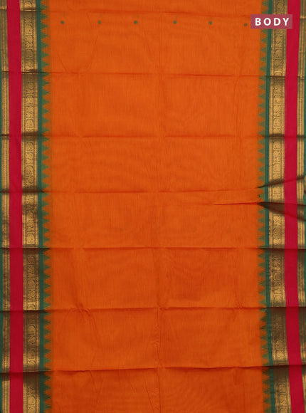 Chettinad cotton saree orange and green with thread woven buttas and rettapet zari woven border