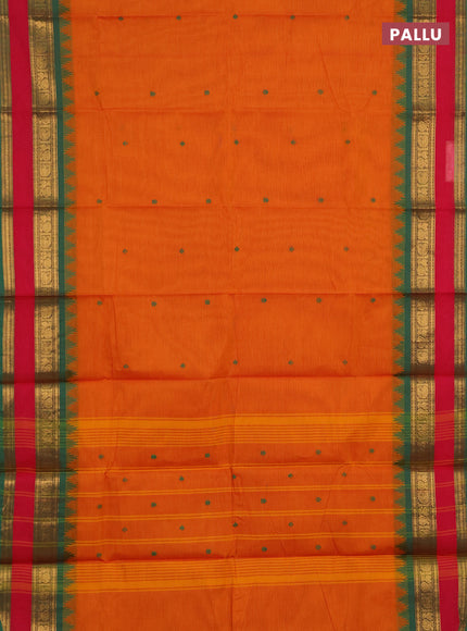 Chettinad cotton saree orange and green with thread woven buttas and rettapet zari woven border