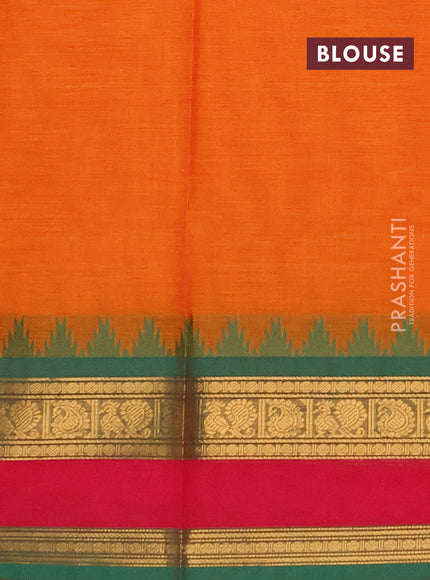 Chettinad cotton saree orange and green with thread woven buttas and rettapet zari woven border