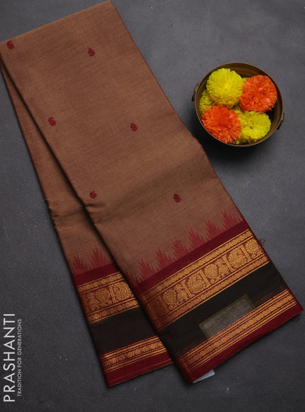 Chettinad cotton saree chikku shade and maroon with thread woven buttas and rettapet zari woven border