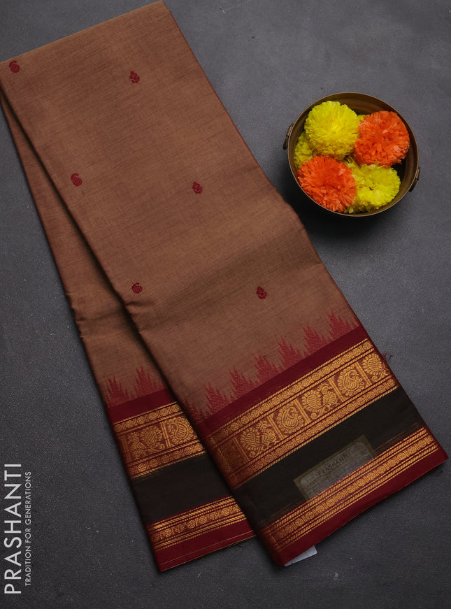 Chettinad cotton saree chikku shade and maroon with thread woven buttas and rettapet zari woven border
