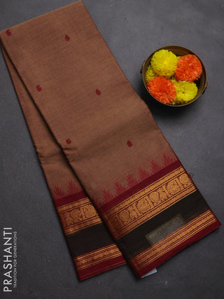 Chettinad cotton saree chikku shade and maroon with thread woven buttas and rettapet zari woven border
