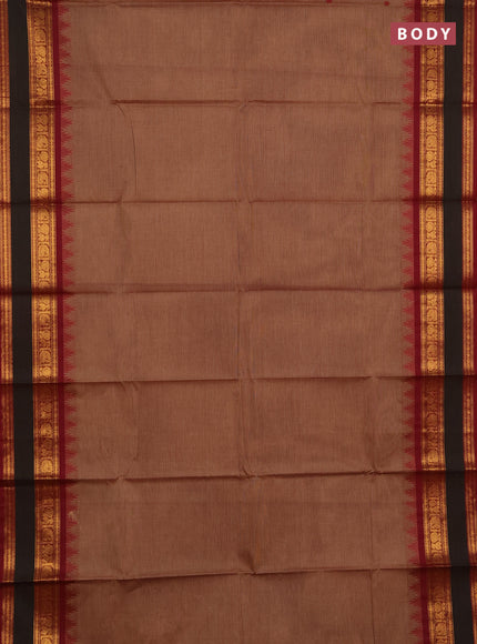 Chettinad cotton saree chikku shade and maroon with thread woven buttas and rettapet zari woven border