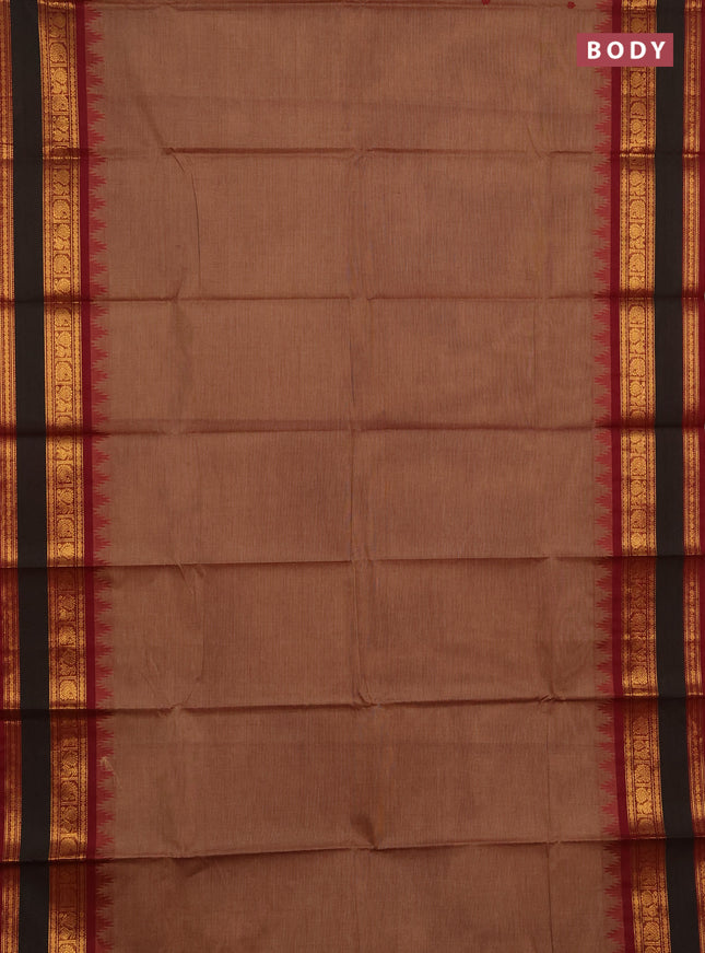 Chettinad cotton saree chikku shade and maroon with thread woven buttas and rettapet zari woven border
