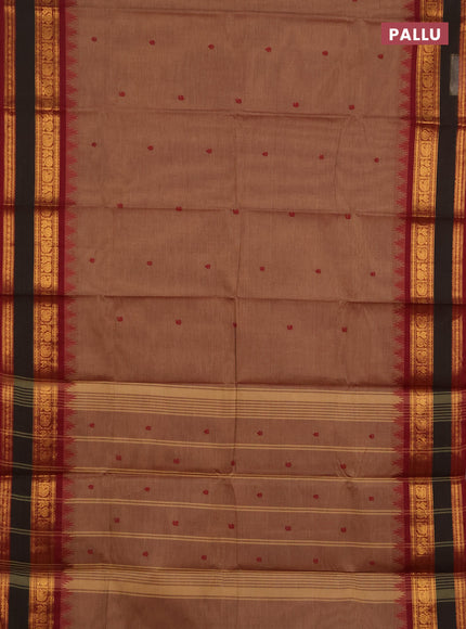 Chettinad cotton saree chikku shade and maroon with thread woven buttas and rettapet zari woven border
