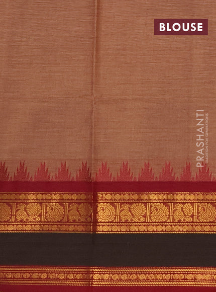 Chettinad cotton saree chikku shade and maroon with thread woven buttas and rettapet zari woven border