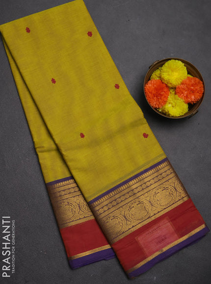 Chettinad cotton saree lime green and blue with thread woven buttas and zari woven border