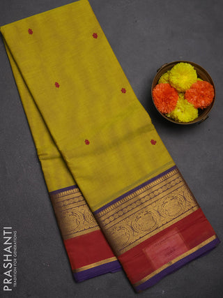 Chettinad cotton saree lime green and blue with thread woven buttas and zari woven border