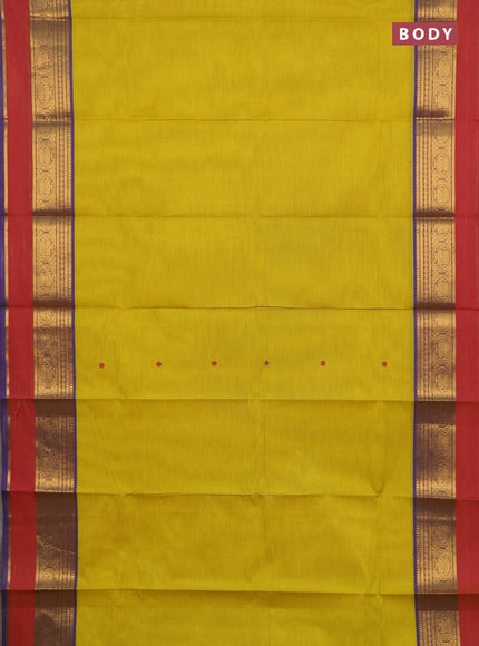Chettinad cotton saree lime green and blue with thread woven buttas and zari woven border