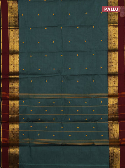 Chettinad cotton saree green and deep maroon with thread woven buttas and zari woven border
