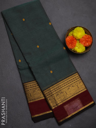 Chettinad cotton saree green shade and maroon with thread woven buttas and zari woven border