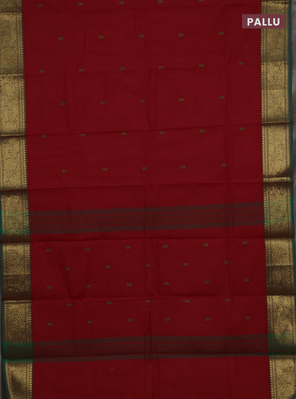 Chettinad cotton saree red and green with thread woven buttas and zari woven border