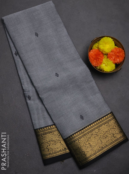 Chettinad cotton saree grey  and black with thread woven buttas and zari woven border
