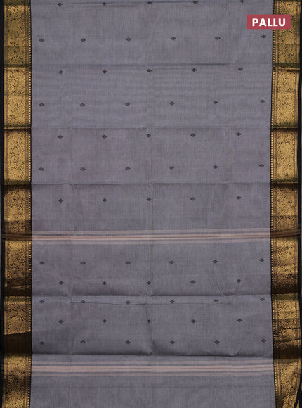 Chettinad cotton saree grey  and black with thread woven buttas and zari woven border