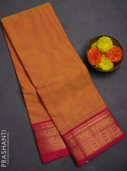 Chettinad cotton saree sunset orange and pink with plain body and zari woven border