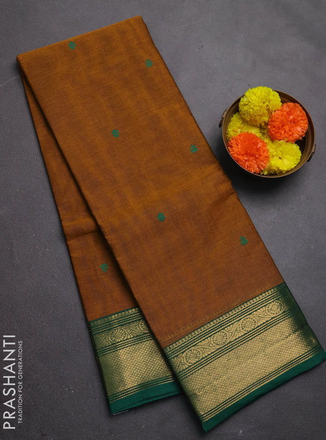 Chettinad cotton saree dark mustard and green with thread woven buttas and zari woven border