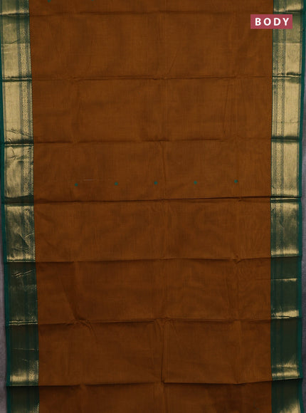 Chettinad cotton saree dark mustard and green with thread woven buttas and zari woven border